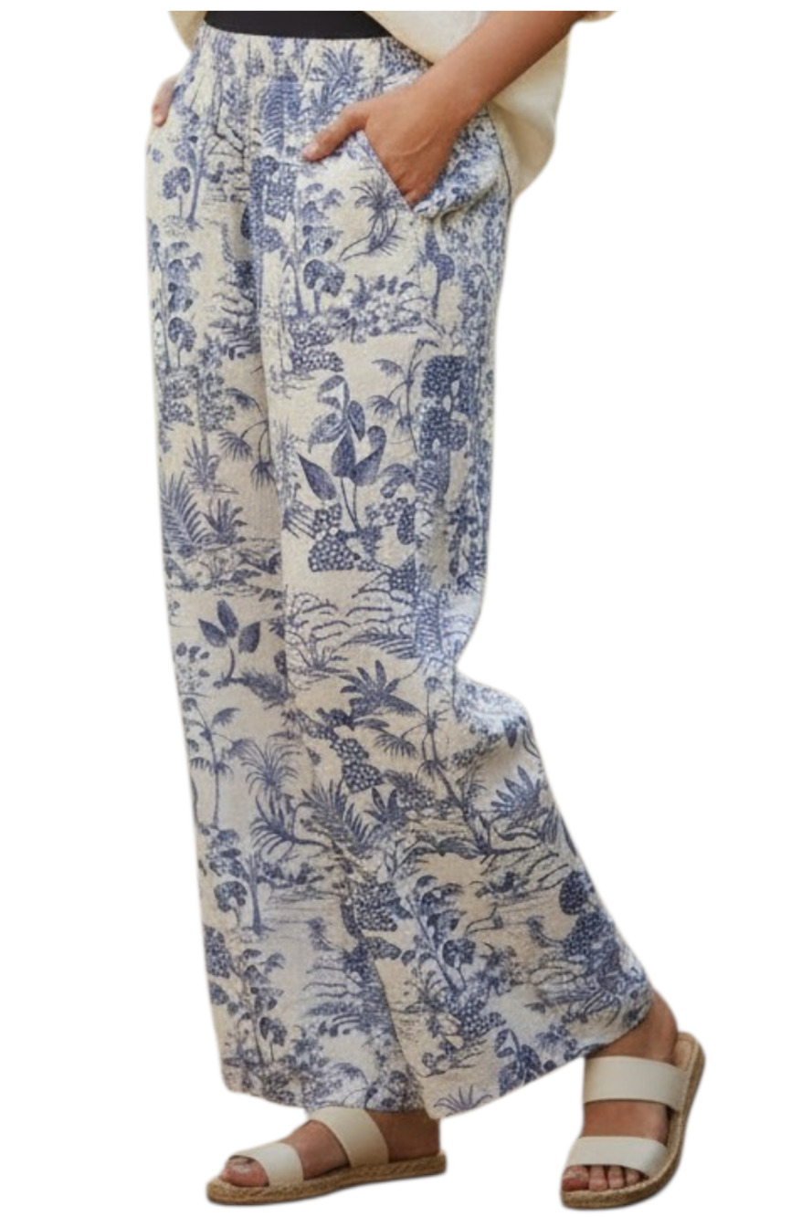 Nicole Miller | Linen Blend Botanical Floral Print Wide Leg Pull On Pant Pockets